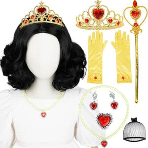 Kids Princess Wig Set Short Curly Black Middle Part Costume Wigs for Girls Child Toddler for Halloween Party