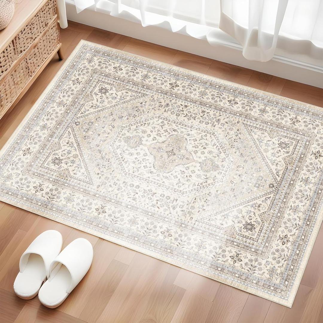 Washable Entryway 2x3 Rug: Small Boho Rugs for Indoor Entrance Non Slip Backing Stain Resistant Carpet Low Pile Throw Rugs for Bedroom Bedside Inside Front Door Floor Kitchen Decor(Beige,2x3FT)