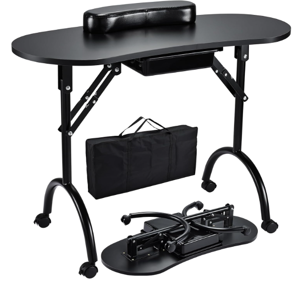 Joligrace Manicure Table Nail Tech Desk Professional Foldable Portable Desk
Nail Technician Workstation 4 Lockable Wheels with Drawer Client Wrist Pad Free Carrying Bag Travel Nail Tech Spa Table Black