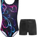 Nymphperi Gymnastics Leotards for Girls Size 6-7 Years Old Sparkly Color Lines Set with Matching Shorts