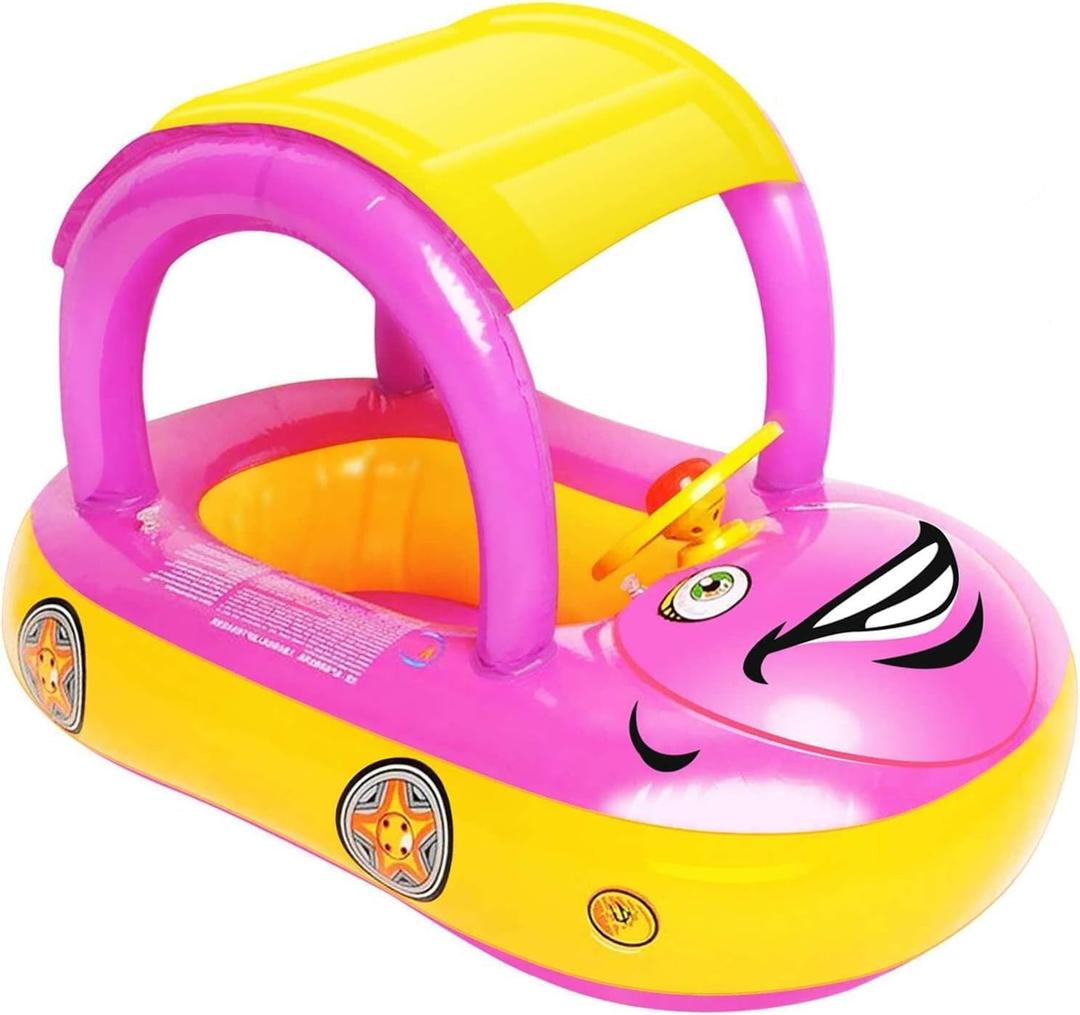 iGeeKid Inflatable Baby Pool Float with Canopy, Safty Seat for Infant Baby Swim Float Rings Car Shaped Swimming Pool Floaties for Baby Toddler Age of 6-36 Months (Pink)