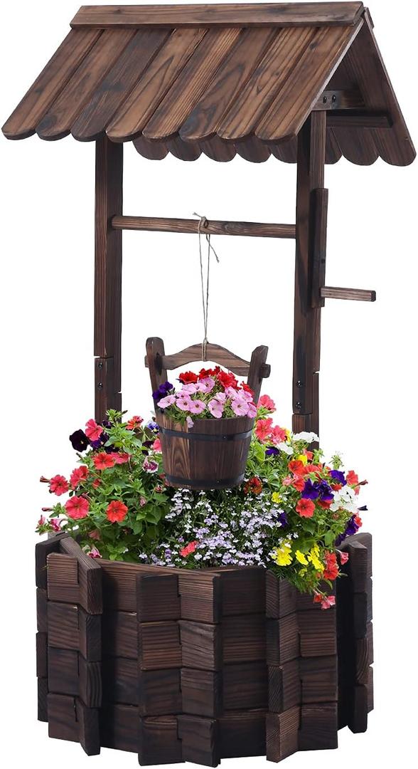 Garden Wooden Decor Rustic Wishing Well Planter Outdoor Home Decor for Patio, Upgrade Wishing Well Garden, Yard Hanging Bucket Patio Lawn Backyard Home Decor