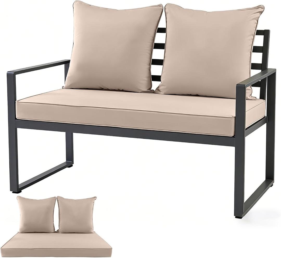 Outdoor Loveseat Cushion Set for Patio Couch/Sofa, 46 x 26 Inch Waterproof & Fade Resistant Patio Furniture Chiar Cushions with Removable Cover (Khaki, 46''Lx26''Wx4''H-Loveseat Cushion Set)