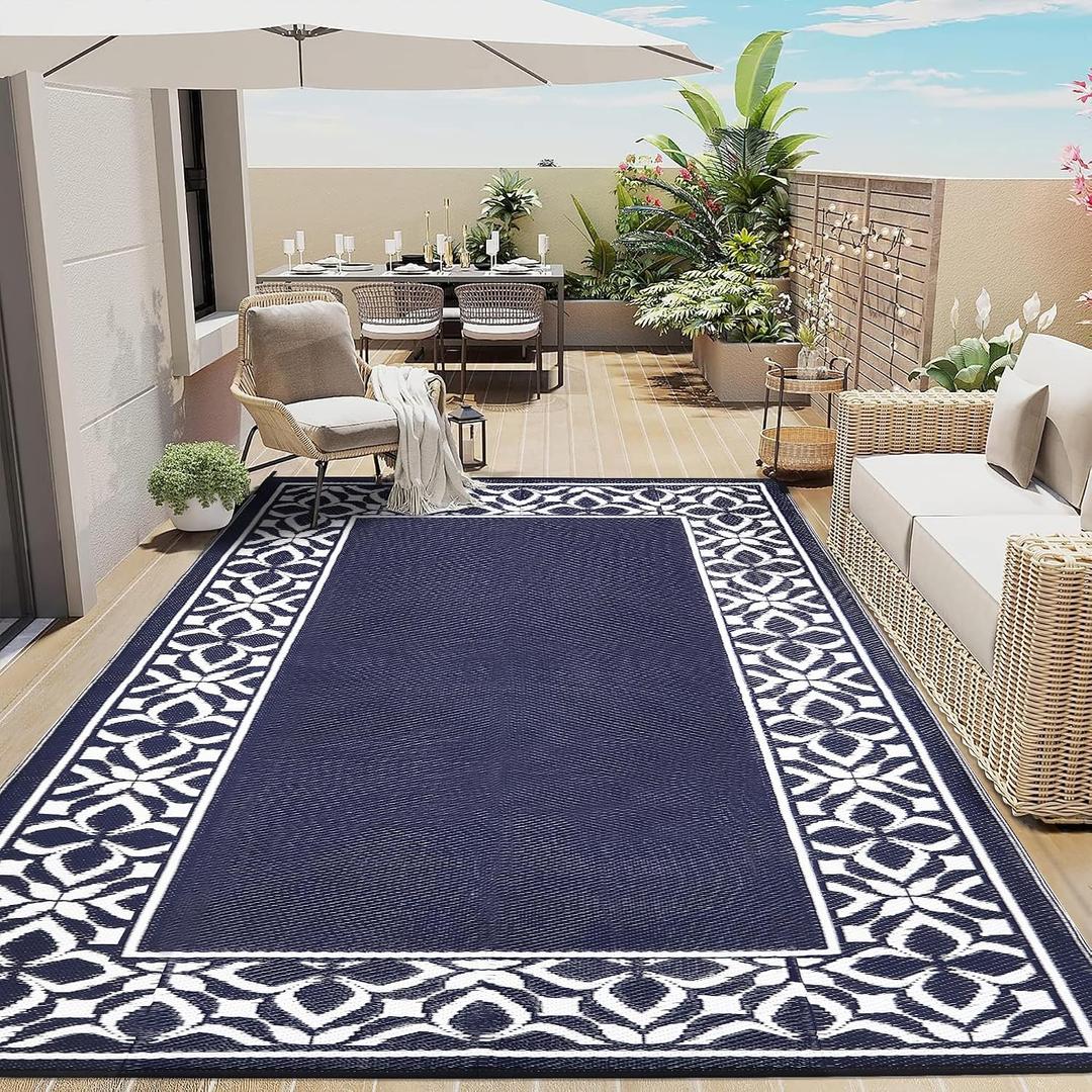 PureCozy Outdoor Plastic Straw Rug Navy Blue Large Outside Waterproof Outdoor Patio 6x9 Carpet Geometric Reversible Mat Modern for Camping RV Porch Deck Balcony Beach