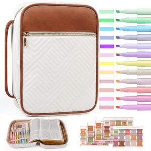 Quilted Vegan Leather Bible Cover, Color-Blocked Bible Cover Case for Women, Bible Carrying Case with Handle, Bible Study Supplies & Christian Gift for Women and Girls (White & Brown, TS/S)