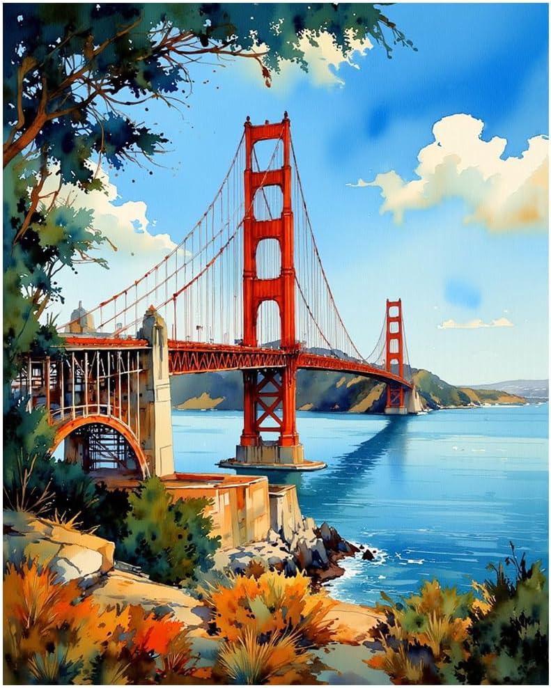 EnLvYY Paint by Numbers Kit for Adults 16x20in, (Unframed) DIY Acrylic Painting on Canvas, San Francisco Coastal Bridge Landmark Landscape, Beginner Scenic Wall Art for Home Decoration or Gift, 16X20IN Folded