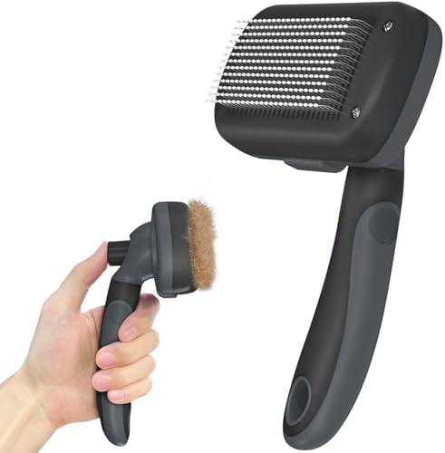 Dipoo Self-Cleaning Deshedding Brush for Dogs & Cats - Skin-Friendly Grooming Tool with Hair Brush for Long and Short Haired Pets, Grey