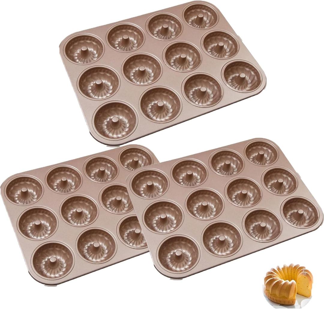 3 Pack Mini Cake Pan, 12-Cavity Non-Stick Mini Fluted Tube Cake Pans, 10 x 7.7 x 0.8 Inch Carbon Steel Doughnut Pan, Petite Fluted Cake Pan