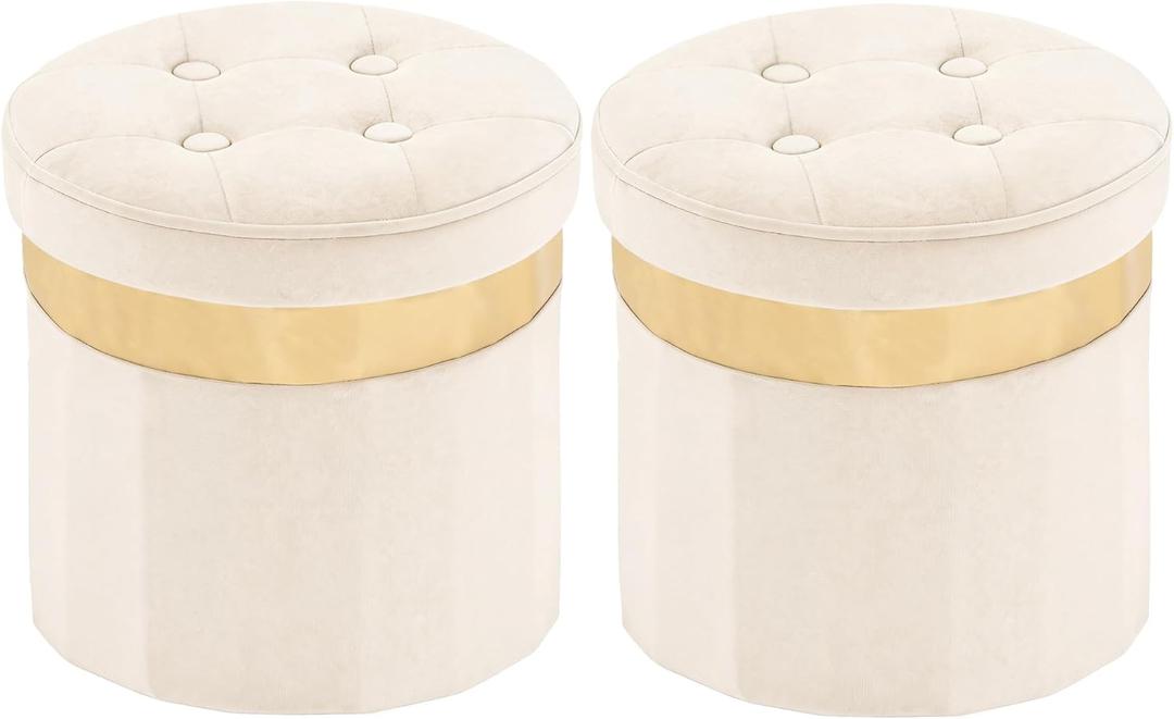 \xuperbonus Small Ottoman with Storage,Folding Round Ottoman with Gold Trim,Velvet Storage Stool,Foot Stool with Soft Padded,Foot Rest for Living Room13x13x12.4(Beige,2pcs)