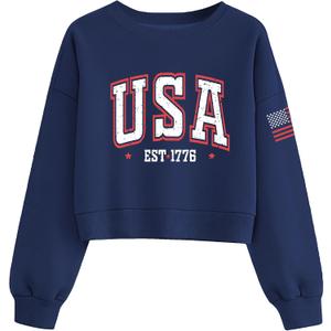 USA Sweatshirt Women Cropped 4th of July Pullover American Flag Crewneck Sweatshirts Patriotic Ribbed Hem Crop Tops, Small