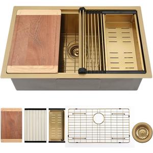 27 Inch Gold Undermount Kitchen Sink Workstation-VASOYO 27x19 Undermount Sinks 16 Gauge Stainless Steel Brushed Gold Single Bowl Deep Kitchen Sink with Cutting Board