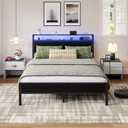Novilla Queen Bed Frame with LED Lights and Charging Station, Metal Platform Bed with 2-Tier Storage Headboard, Smart Music Sync, Easy Assembly, No Box Spring Needed, Black