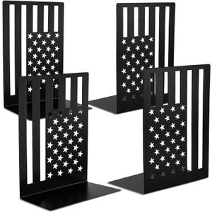 AceOrbit 4 Pack Large Metal Bookends for Shelves Heavy Books 6.7 Inch Decorative Heavy Duty Bookend Black Patriotic American Flag Stopper Dividers Organizer for Memorial Day Office Bookshelf Home Desk