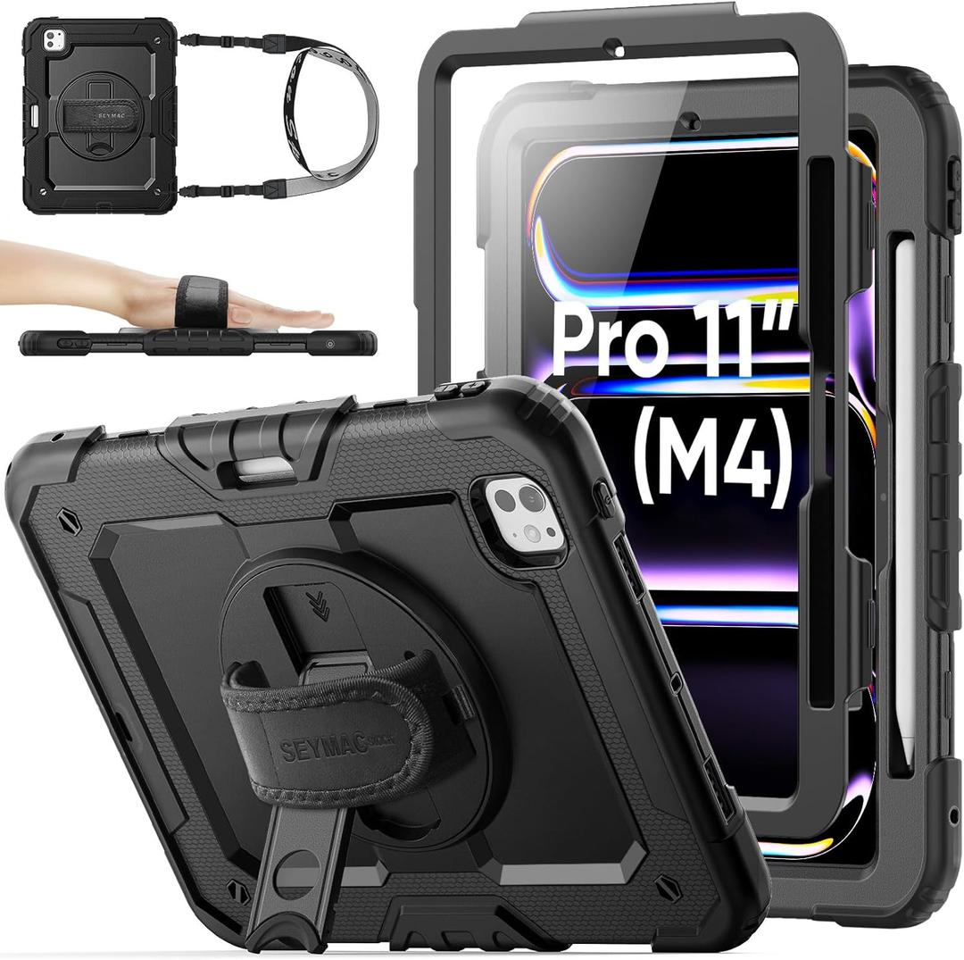 SEYMAC stock Case for iPad Pro 11 inch Case 2024 (M4), Shockproof Protective with Pencil Holder, Screen Protector, 360 Rotate Stand, Adjustable Hand Strap, Shoulder Strap, Black