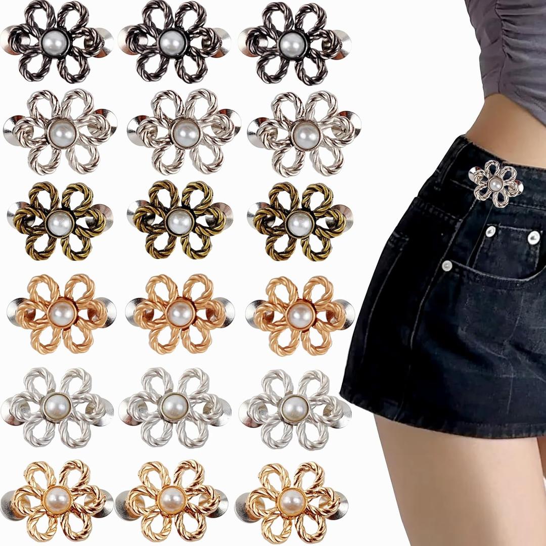 18Sets Flower Jeans Button Pant Waist Tightener, Adjustable Waist Buckle Sets No Sew and No Tools Detachable Decorative Waist Buckles, Jean Buttons Pins for Loose Jeans, Pants, Skirts (No Sew)