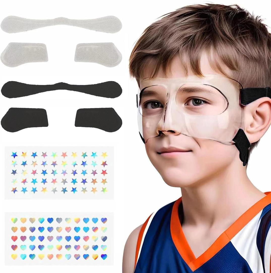 WR01A Kids Nose Guard for Broken Nose Girls Boys Adjustable Basketball Soccer Sports Face Mask with Foam Padding and Stickers for Youth Teens (Black)