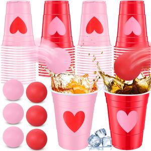32 Pack Valentine's Day Party Game Set Party Supplies Includes 24 Pcs 16oz Red Pink Beer Cups with Heart Designs and 8 Pcs 1.5in Ball for Galentines Favor Outdoor Birthday Toss Game Adult