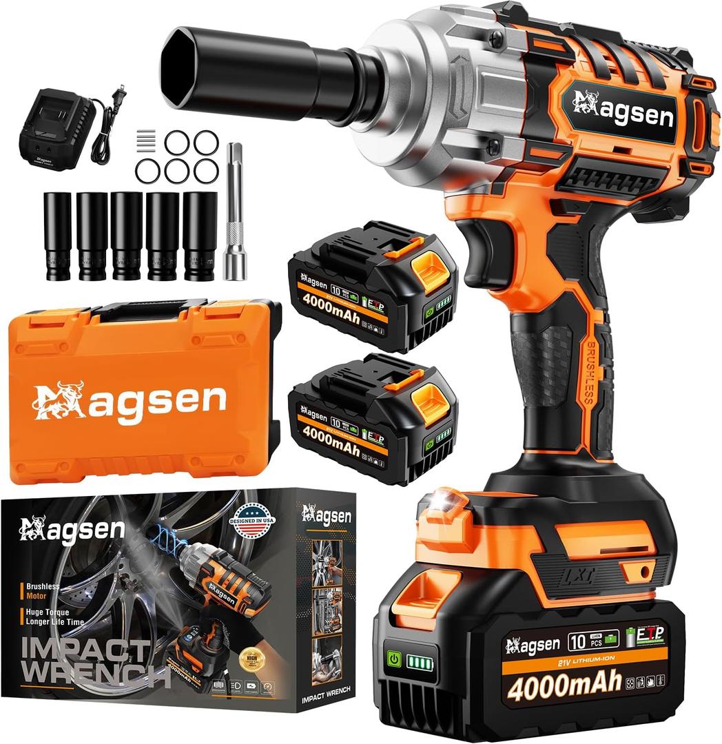 1/2 inch Cordless Impact Wrench, 900Ft-lbs (1200N.m) High Torque Brushless Impact Gun,3800RPM,2x4000mAh Battery, 5 Sockets, LED Light, Electric Impact Motor Variable Speeds for Car/Mower/Pickup