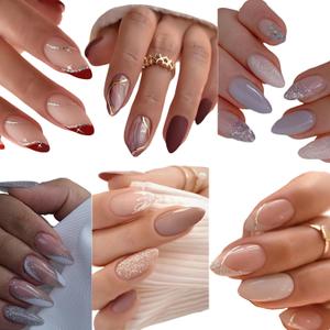 6 Packs (144 Pcs) French Tip Press on Nails Medium Almond Fake Nails with Glitter Design Full Cover False Nails Press ons Glossy Reusable Glue on Nails Artificial Stick Kit on Nails for Women