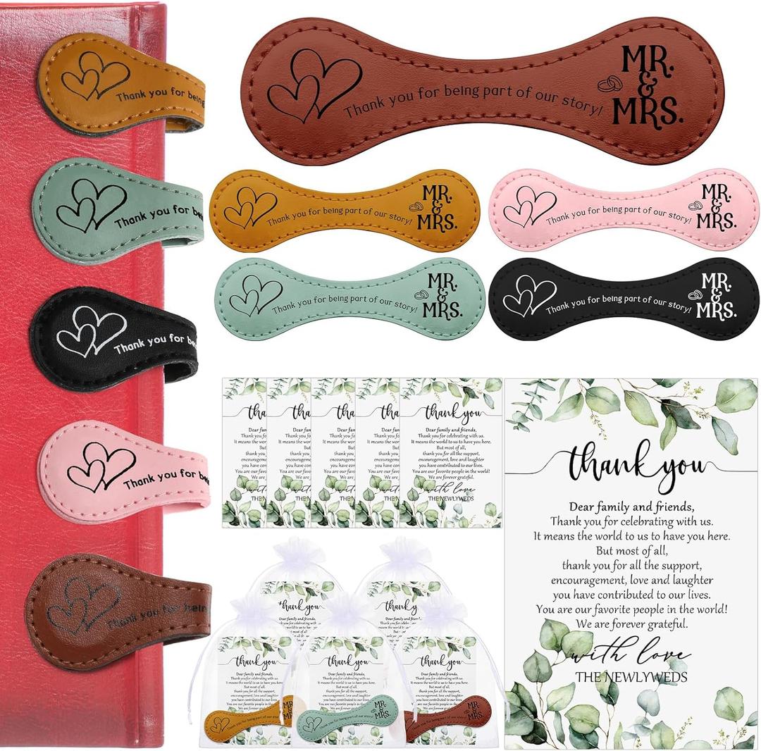 Spakon 25 Sets Wedding Favors for Guests Magnet Leather Bookmark Bulk PU Magnetic Bookmark Wedding Thank You Cards Organza Bags for Bridal Shower Party Favors Souvenir Gifts
