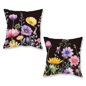 ONWAY Spring Summer Pillow Covers 18x18 Inch Set of 2 Floral Colorful Flowers Decorations Farmhouse Living Room Outdoor Cushion Case for Sofa Couch Home Bed Black