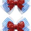 2PC Blue White Gingham Hair Bow Clips 3.5 Inch Checker Pigtail Bows Wizard Hair Accessories