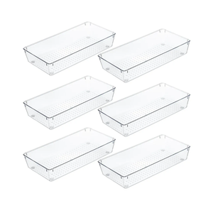 Kingrol 6 Pack 12 x 6 x 2 Inch Clear Drawer Organizer Trays, Desk Drawer Divider Storage Bins, Storage Box Set for Utensils Junks Vanities Makeups Jewelry Office Craft Supplies
