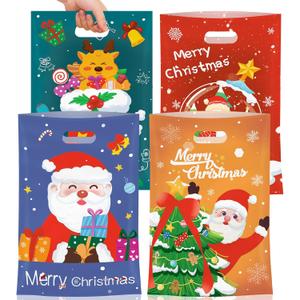 Litmitfu 50 Pcs Christmas Gift Bags with Handles, Plastic Merry Christmas Goodie Bags Bulk, Winter Candy Treat Tote Goody Cookie Party Favor Bag for Xmas Holiday Party Favors Supplies, 4 Styles