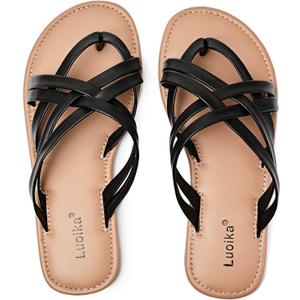 Luoika Women's Wide Width Flat Sandals, Flip Flop Slides Sandal Casual Strapy Sandal Slip on Summer Beach Shoes for Women. (9.5 X-Wide, Black 102)