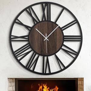 LEIKE 30" Oversized Large Wall Clocks,Silent,Non Ticking,Battery Operated Modern Round Big Wood Decorative Metal Wall Clock for Living Room, Bedroom,Kitchen,Farmhouse,Office Decor - Black,30 Inch (Walnut and Roman Number)