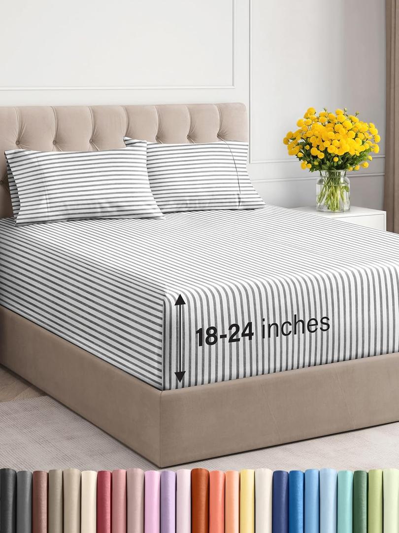 Extra Deep Twin XL Sheet Set - 4 Piece Breathable & Cooling Sheets - Hotel Luxury Bedding Set 18-24 Inch Extra Deep Pockets - Easy Fit, Super Soft, Wrinkle Free & Comfy - Grey Stripes, Twin XL Size