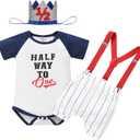 IMEKIS Baby Boy Half 1st Birthday Outfit Baseball Dount Romper Suspenders Shorts Crown Cake Smash Photoshoot Clothes (6-12 Months, Navy)