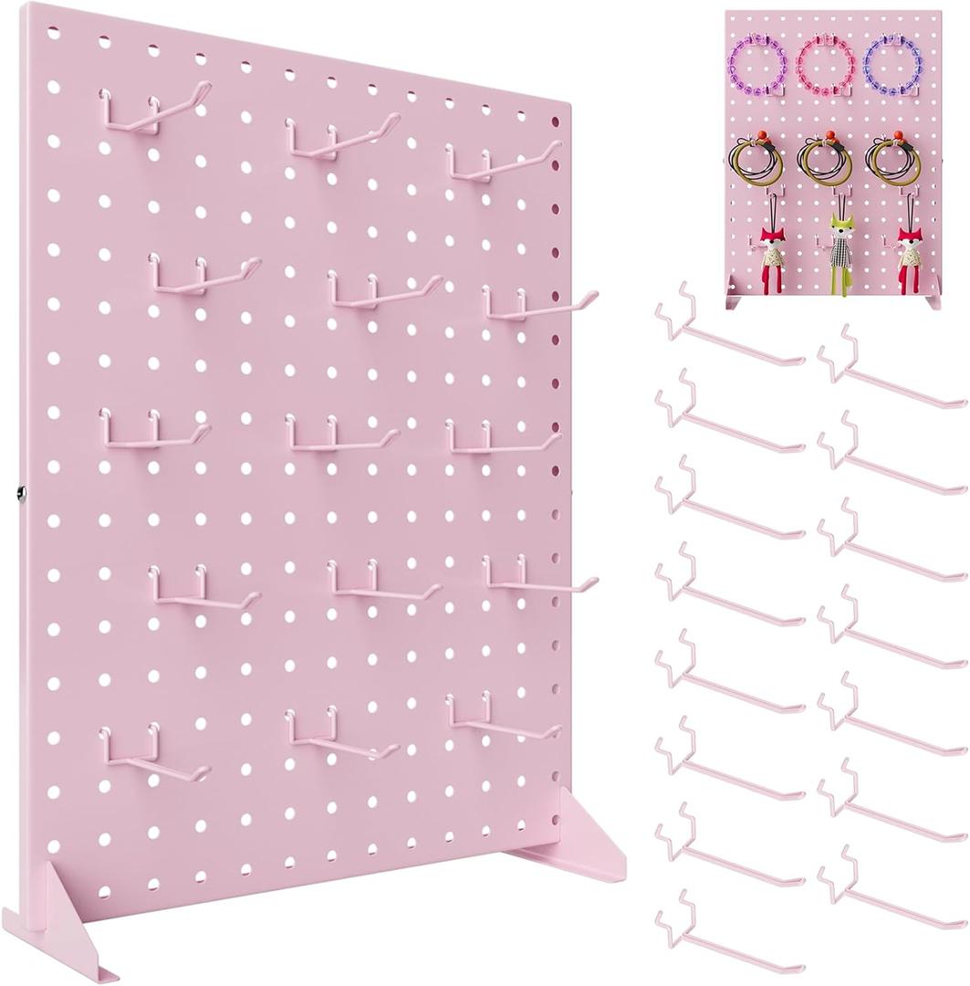 Peg Board Display Stand with 15 Hook,Tabletop Metal Pegboard Shelf for Craft Shows & Fairs,Jewelry and Key Ring Retail Display Racks for Selling Accessories, Vendors & Events (17 X 13 Inch,Pink)
