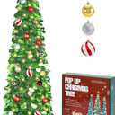 5 FT Pop Up Christmas Tree with Timer Lights and Decorations, Green Artificial Tinsel Christmas Tree with 24 Ball Ornaments, Collapsible Pencil Tree for Home, Office, Holiday Party