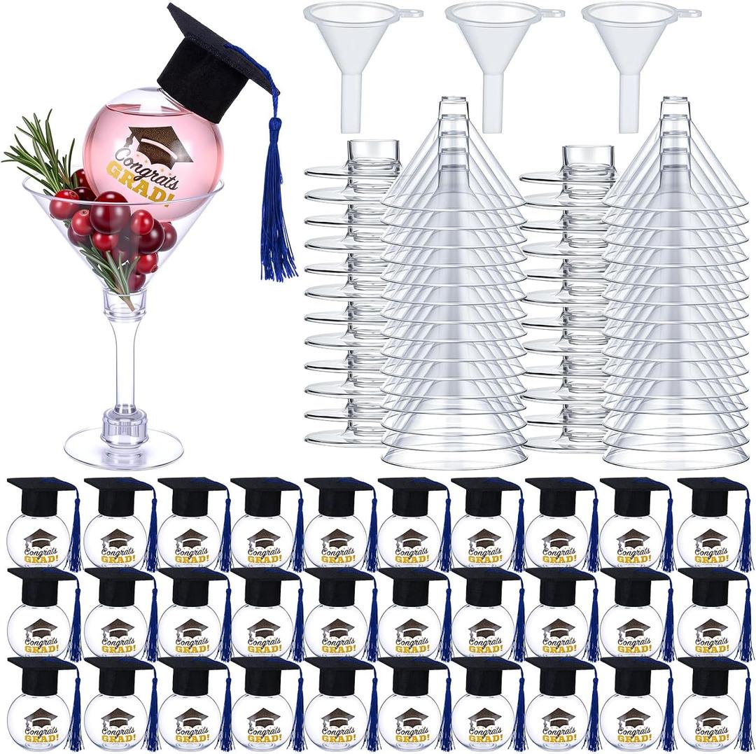 30 Sets Graduation Party Favors 2026 Fillable Drink Ornaments with Mini Grad Caps and 5oz Cocktail Glasses, Congrats Grad Party Supplies, Class of 2026 Decorations and DIY Gifts(Blue)