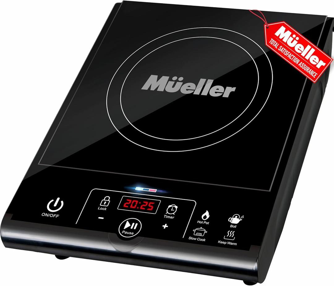 Mueller RapidTherm Portable Induction Cooktop Hot Plate Countertop Burner 1800W, 8 Temp Levels, Timer, Auto-Shut-Off, Touch Panel, LED Display, Auto Pot Detection, Child Safety Lock, 4 Preset Programs Black