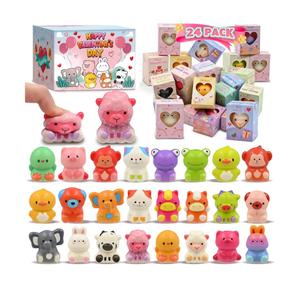 Valentines Day Gift for Kids, 24 Pack Valentines Day Cards Boxes with Animal Squishy Fidget Toys for Girls Boys, Valentines Party Favors School Classroom Exchange Treat Prizes Activity for Class