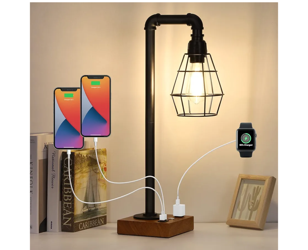 CADUKE Industrial Touch Control Table Lamp, LED Bulb Included, 3 Way Dimmble Lamp with 2 USB Ports and AC Outlet, Bedside Nightstand Desk Lamps with Metal Cage Shade for Bedroom Living Room Farmhouse