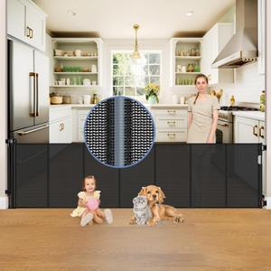 Reinforced 150 Inch Extra Wide Retractable Dog Gates for Doorways, Stop Babies and Dogs from Crawling Under, Extra Wide Baby Gates for Large Openings, Mesh Baby Gate Retractable Pet Gate Outdoor Black