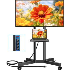 Rfiver Mobile TV Cart Rolling TV Stand with Power Outlet for 32-75 Inch Screens, Portable TV Stand on Wheels with Height Adjustment, Outdoor TV Mount Stand with Shelf Holds up to 88lbs for Home Office