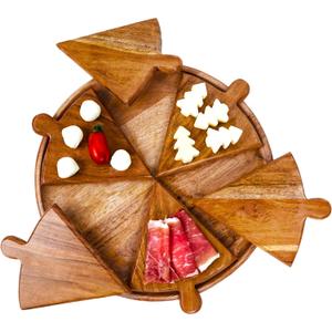Pizza Serving Board - Wooden Serving Tray 12' Inch Dia - 6 Individual Charcuterie Boards and a Pizza Plate. The Ultimate Pizza Serving Tray Experience.