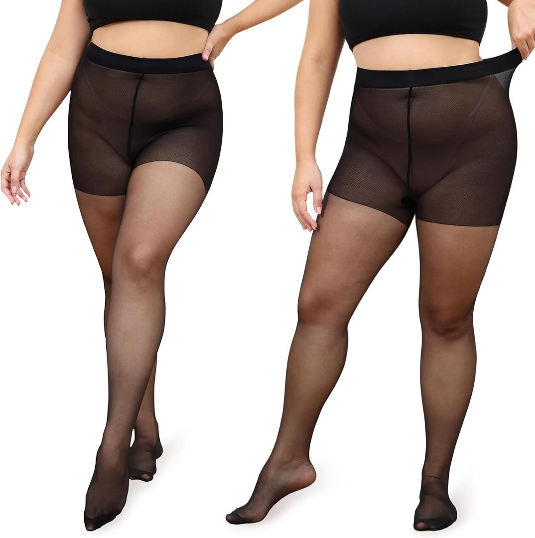 beister Plus Size Women Tights, 2 Pairs 20D Opaque High Waist Pantyhose (XX-Large, Black)