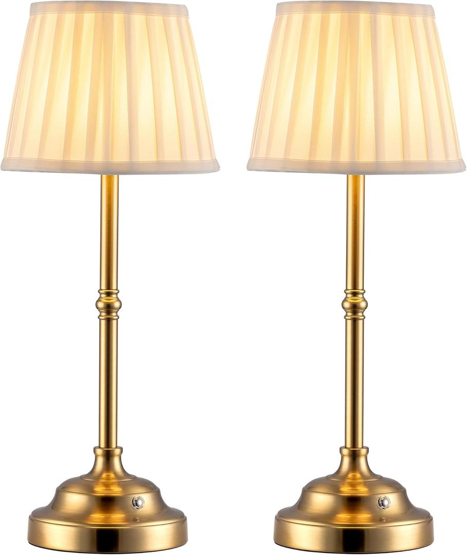 KDG Cordless LED Table Lamp Set of 2, Portables Fabric Shade Desk Lamps, 4000mAh Rechargeable Battery Powered Lighting, Dimmable Light for Dining Room, Bedroom, Bedside, Night Light, Balcony (Gold)