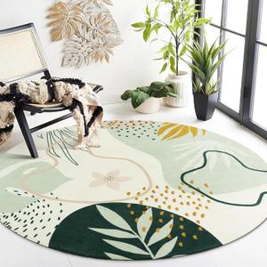 Lahome Green Washable Round Rug - 6Ft Round Area Rug for Living Room Throw Soft Boho Round Rug Large Non-Slip Round Dining Room Rug, Botanical Print Round Carpet for Bedroom Entryway Classroom Dorm (6' (Round))
