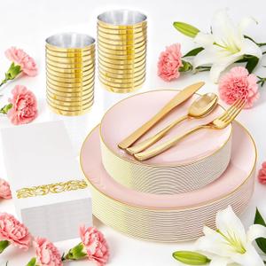 YOUBET 175PCS Pink Plastic Plates - Pink and Gold Disposable Plates Include 50 Plastic Plate, 75 Silverware, 25 Cups, 25 Napkins for Wedding & Party & Birthday Mothers Day