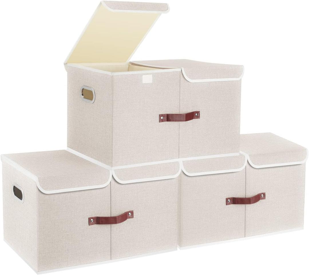 TYEERS Extra Large Collapsible Storage Bins with Lids and Compartments, Washable, Fabric Storage Boxes, 21.7x13x11.8 inches, 3 Pack, Beige