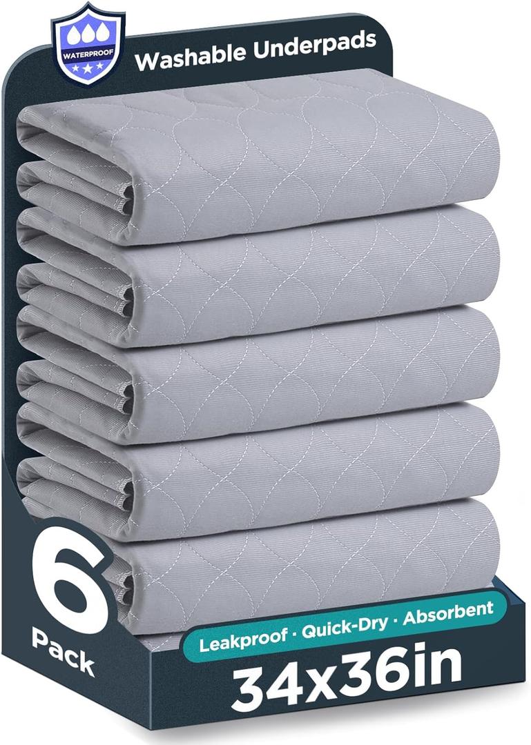 Washable Bed Pads 34" x 36" - 6 Pack, Grey, Waterproof Bed Pads for Incontinence, Bed Wetting Pads for Bed, Sofa, Floor, Resuable Underpads for Adults, Seniors, Pet (Gray)