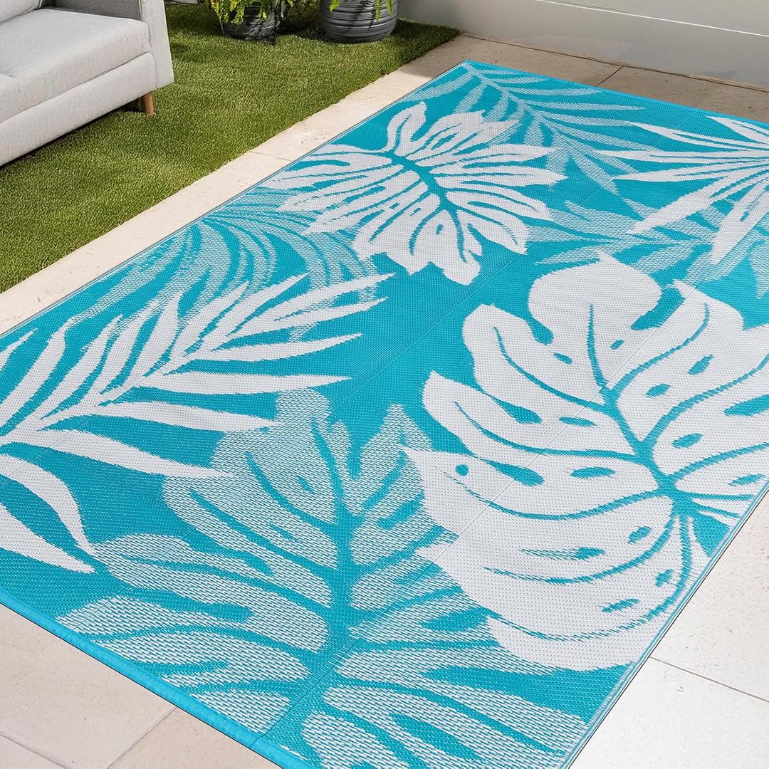YONILE Outdoor Patio Rug, 9x12ft Waterproof Reversible Large Area Rugs Plastic Straw Mats for RV, for RV, Picnic, Backyard, Deck, Balcony, Porch, Beach (Light Blue&White)