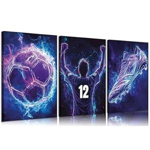 3pcs Cool Football Canvas Wall Art Neon Boys Themed Wall Decor Pictures Abstract Sneakers Posters Prints Paintings for Lovers Living Room Bedroom Decoration Prepare To Hang