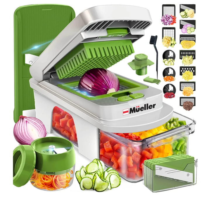 Mueller Pro-Series All-in-One, 8 Blade Mandoline Slicer for Kitchen, Food Chopper, Vegetable Slicer and Spiralizer, Cutter, Dicer, Grater, Kitchen Gadgets Sets with Container, White Sand/Pastel Green